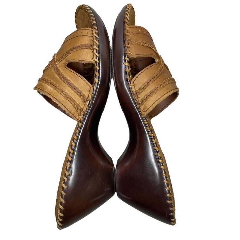 Isotoner Brown Leather Braided Detail Slip On Wedge Heel Sandals Slides Size 8.5 - Picture 5 of 12
